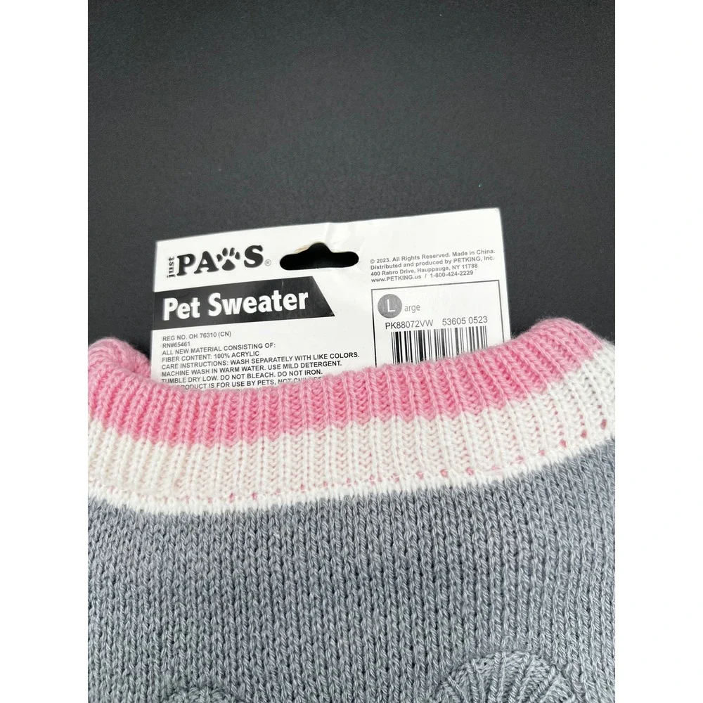 Just Paws Pet Sweater Large Gray Pink White Heart Knit Dog Clothes PK88072VW